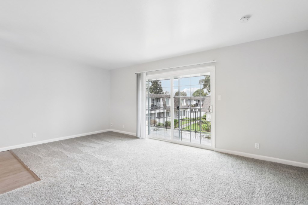 A room with a carpeted floor and a sliding glass door leading to a balcony.