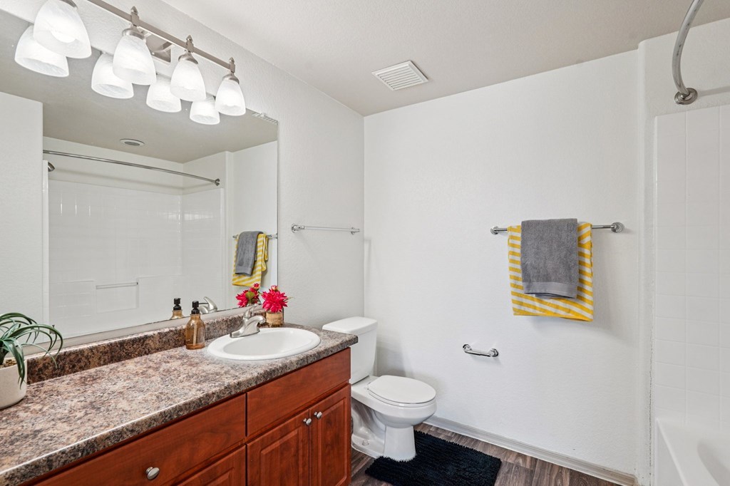 A bathroom with a sink, mirror, toilet, and a towel rack.