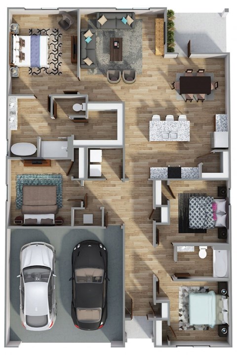 A top-down view of a house layout with two cars parked in the garage.