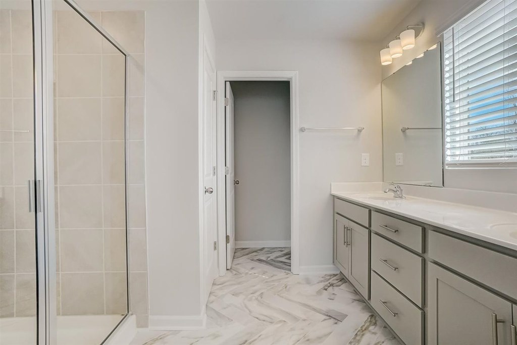 A bathroom with a walk-in shower, sink, and vanity.