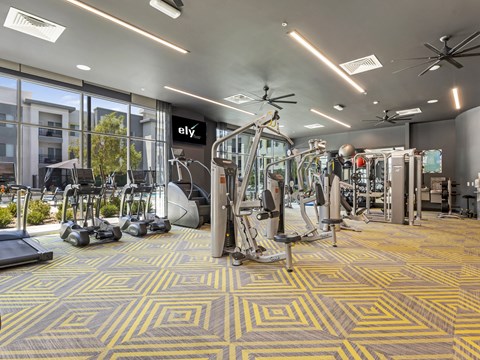 A gym with a variety of equipment including treadmills, weights, and exercise machines.