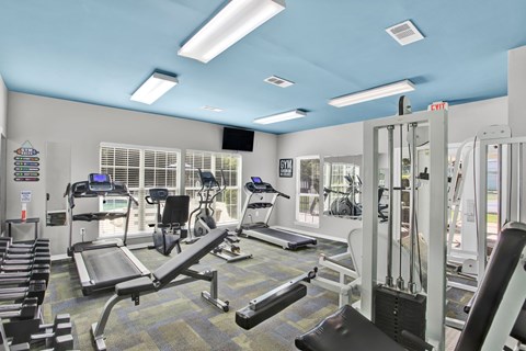 A gym with a variety of equipment including treadmills, weights, and exercise machines.