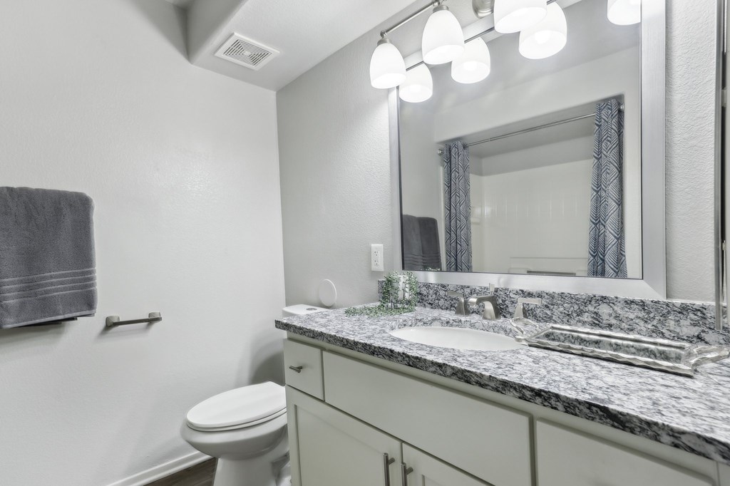 A bathroom with a toilet, sink, and mirror.