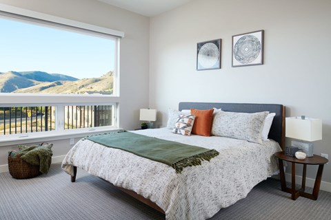 a bedroom with a large bed and a large window