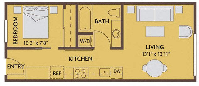 1 bed 1 bath 528 square feet floor plan