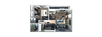 A modern living room with a black and white color scheme.
