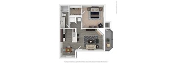 A floor plan of a small apartment with a kitchen, living room, and bathroom.
