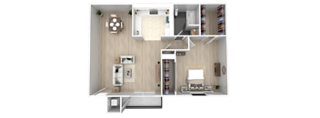 a rendering of a 1 bedroom floor plan with a bathroom and a living room