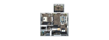 A 3D floor plan of a small apartment with a kitchen, living room, and bedroom.