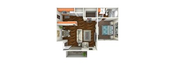 A 3D rendered image of a modern apartment interior.