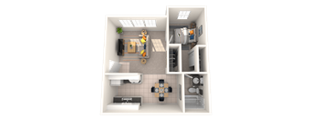 A 3D floor plan of a small apartment with a kitchen, living room, and bathroom.