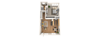A top-down view of a small apartment with a living room, kitchen, and bathroom.