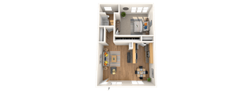 A top-down view of a small apartment with a kitchen, living room, and dining area.