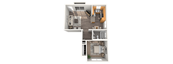 A 3D floor plan of a small apartment with a kitchen, living room, and two bathrooms.