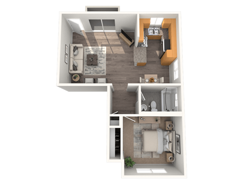 A 3D floor plan of a small apartment with a kitchen, living room, and two bathrooms.