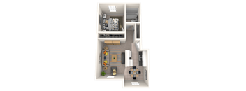 A 3D floor plan of a small apartment with a kitchen, living room, and bathroom.