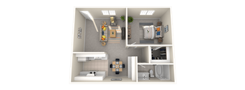 A 3D floor plan of a small apartment with a kitchen, living room, and bathroom.