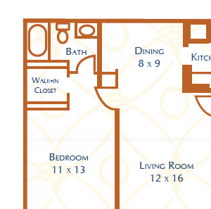 1 Bed 1 Bath, 625 square feet floor plan