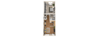 A top-down view of a small apartment with a kitchen, living room, and bedroom.