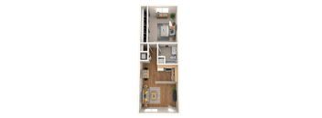 A top-down view of a small apartment with a kitchen, living room, and bathroom.