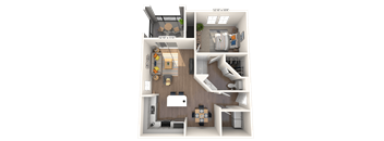 3D floorplan of a one bedroom apartment with a balcony at The Sanctuary at 331