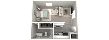 a bedroom with a bed and a chair in a room