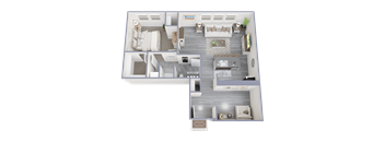 A 3D floor plan of a house with a living room, kitchen, and bedrooms.