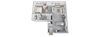 A 3D floor plan of a house showing a living room, kitchen, dining room, and bedrooms.