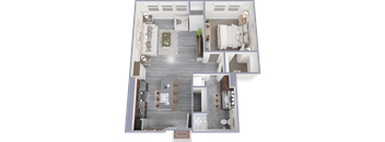 A top-down view of a modern apartment layout with a living room, kitchen, dining area, and bathroom.