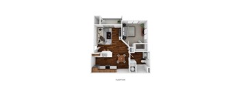 a stylized floor plan with a bedroom and a living room