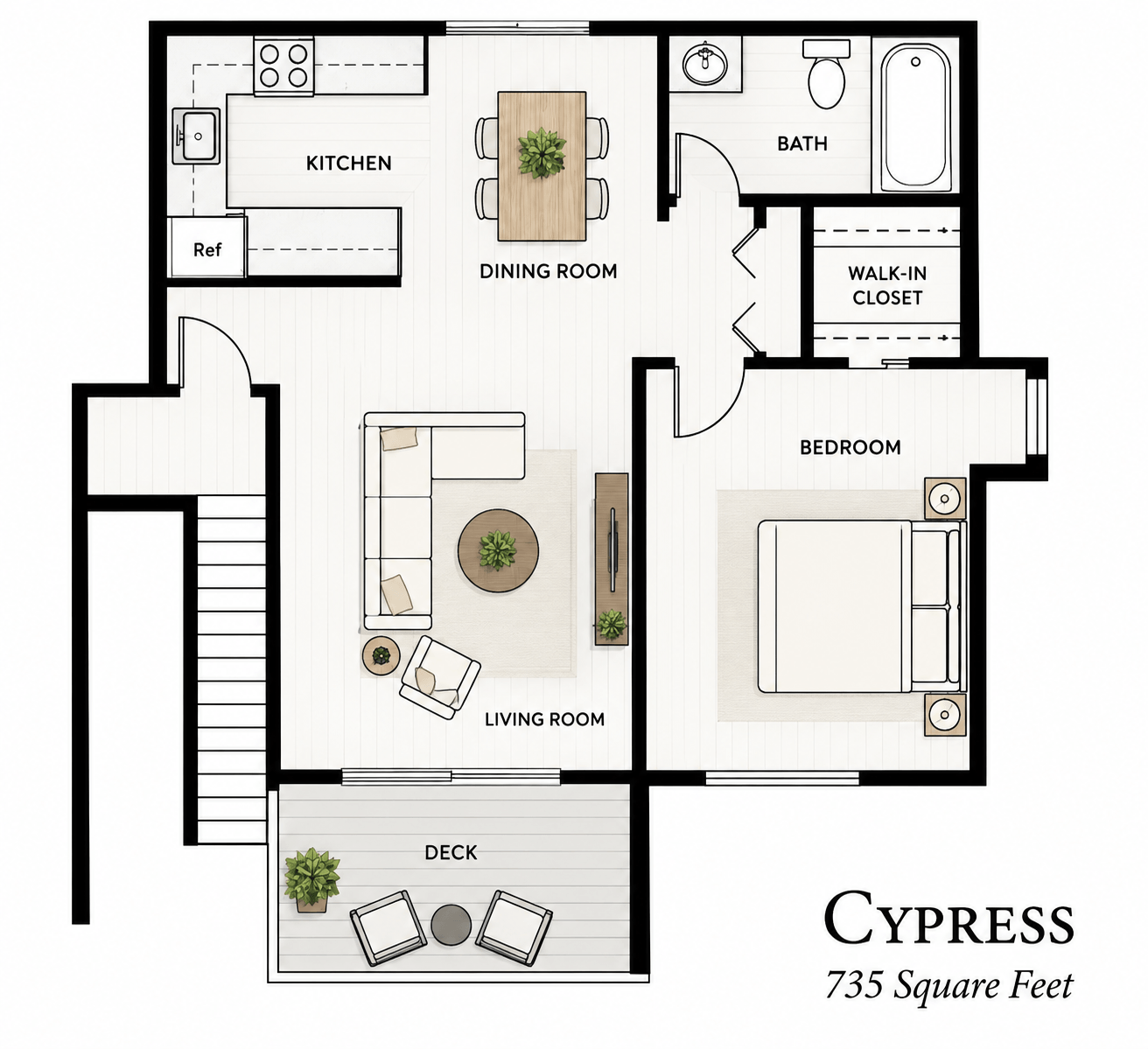 A floor plan of a 735 square foot home with a living room, dining room, kitchen, bath, bedroom, and deck.