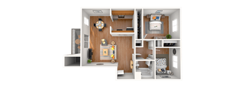 A 3D rendered image of a small apartment layout.