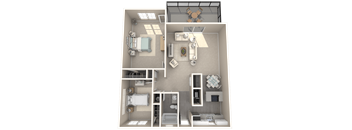 A 3D floor plan of a small apartment with a bedroom, living room, and kitchen.
