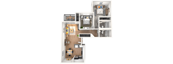 A 3D floor plan of a small apartment with a kitchen, living room, and bedroom.