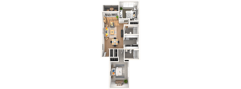 A floor plan of a house with a kitchen, living room, dining room, and two bedrooms.