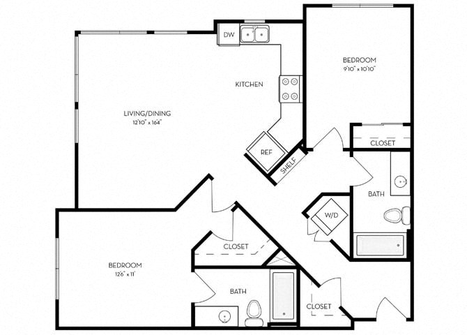 2 Bed 2 Bath 1033 square feet floor plan C1 - MFTE