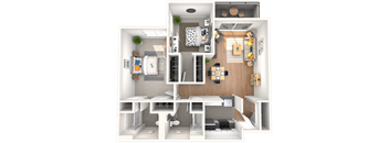 A 3D floor plan of a small apartment with a kitchen, living room, and bathroom.