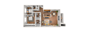 A 3D floor plan of a house showing a kitchen, living room, and two bedrooms.