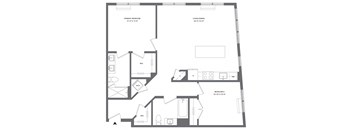 A black and white image of a floor plan for a home with a primary bedroom, living/dining area, and two additional bedrooms.