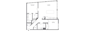 A black and white image of a house floor plan with a primary bedroom, living/dining area, and two additional bedrooms.