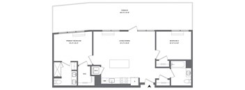 A floor plan of a house with a terrace and two bedrooms.