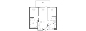 A floor plan of a house with a primary bedroom, a living/dining area, and a second bedroom.