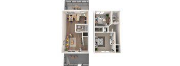a rendering of the 2nd and 3rd floor layouts of a 1 bedroom apartment