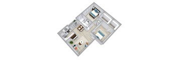 A 3D floor plan of a house with two bedrooms, a living room, a kitchen, and a bathroom.