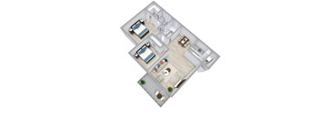 A 3D floor plan of a house with two bedrooms and a living area.