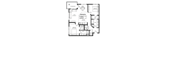 A floor plan of a house with a living room, two bedrooms, a bathroom, and a kitchen.