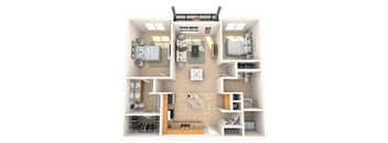 A 3D floor plan of a small apartment with a kitchen, living room, and bedroom.