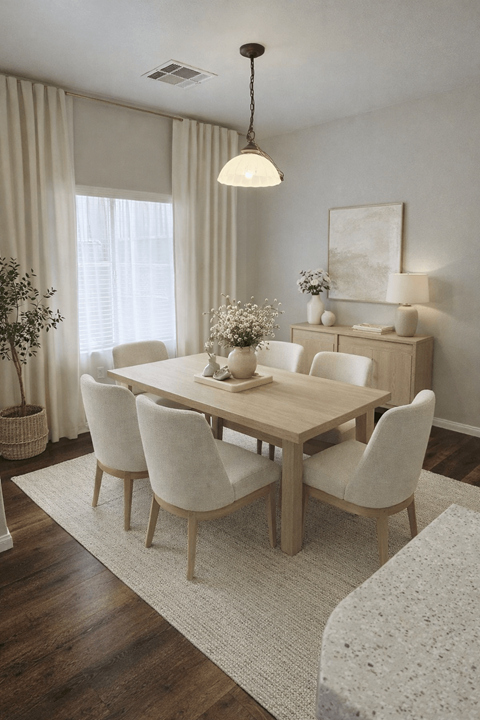 A dining room with a wooden table and chairs.