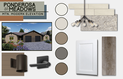 A collection of home decor items including a house, light fixtures, and paint swatches.