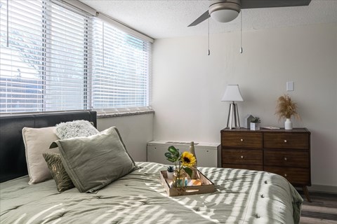 Bedroom at Idlewild 45 Apartments in Memphis TN with large window, ceiling fan, and neutral finishes